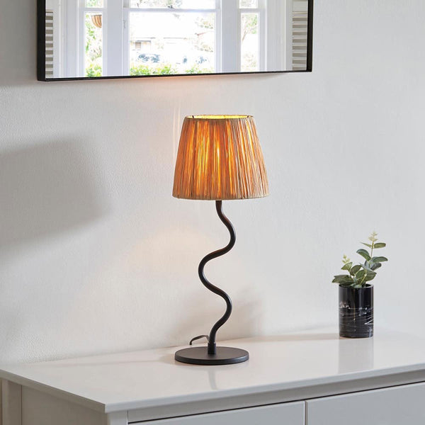 Wriggle Table Lamp in Matt Black with a Wrapped Raffia Shade