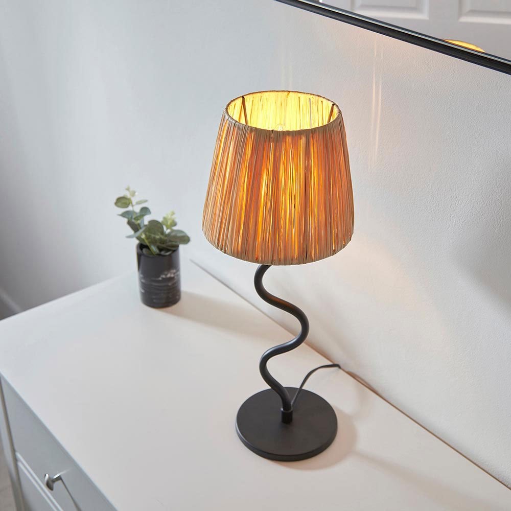 Wriggle Table Lamp in Matt Black with a Wrapped Raffia Shade