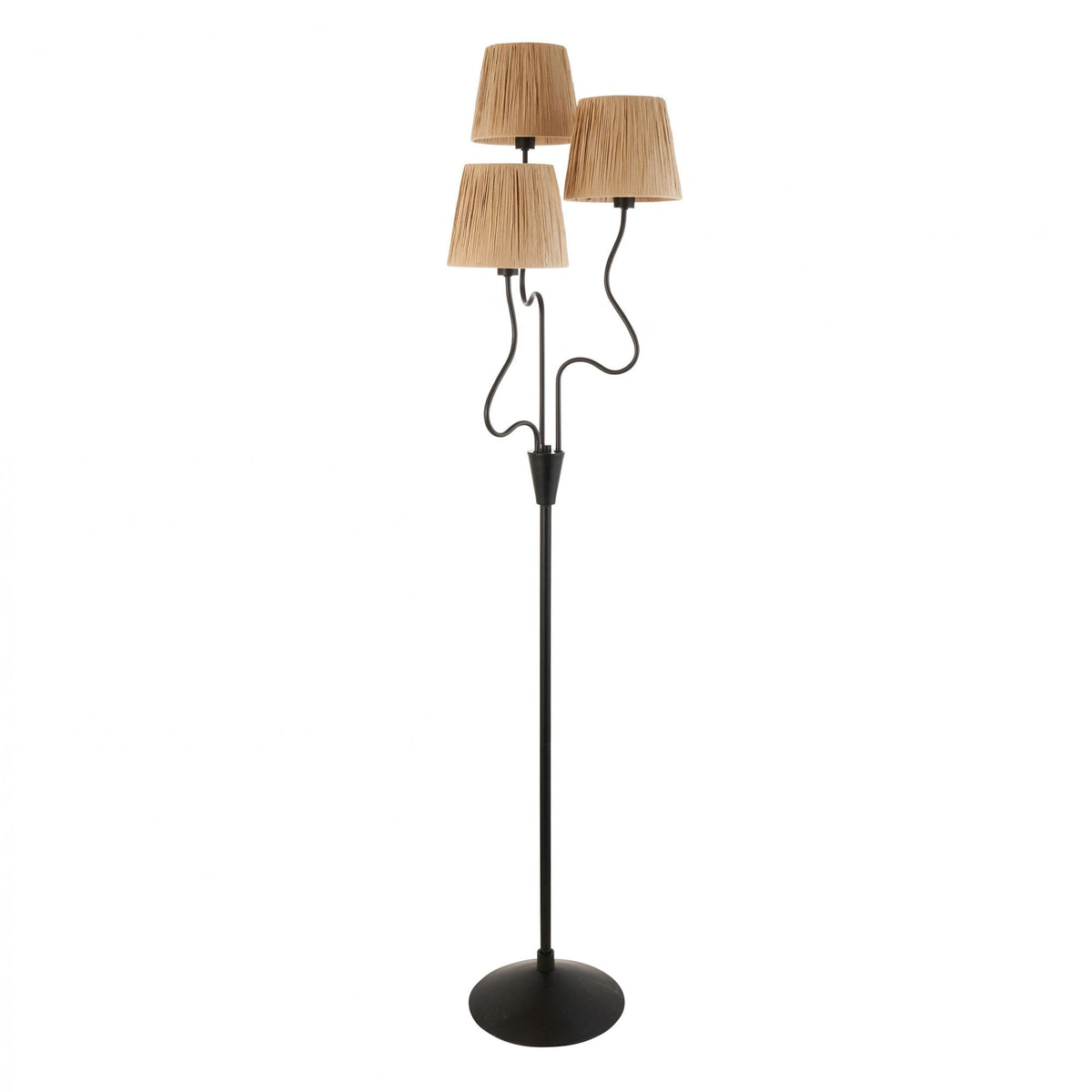 Wriggle Floor Lamp in Matt Black with Wrapped Raffia Shades