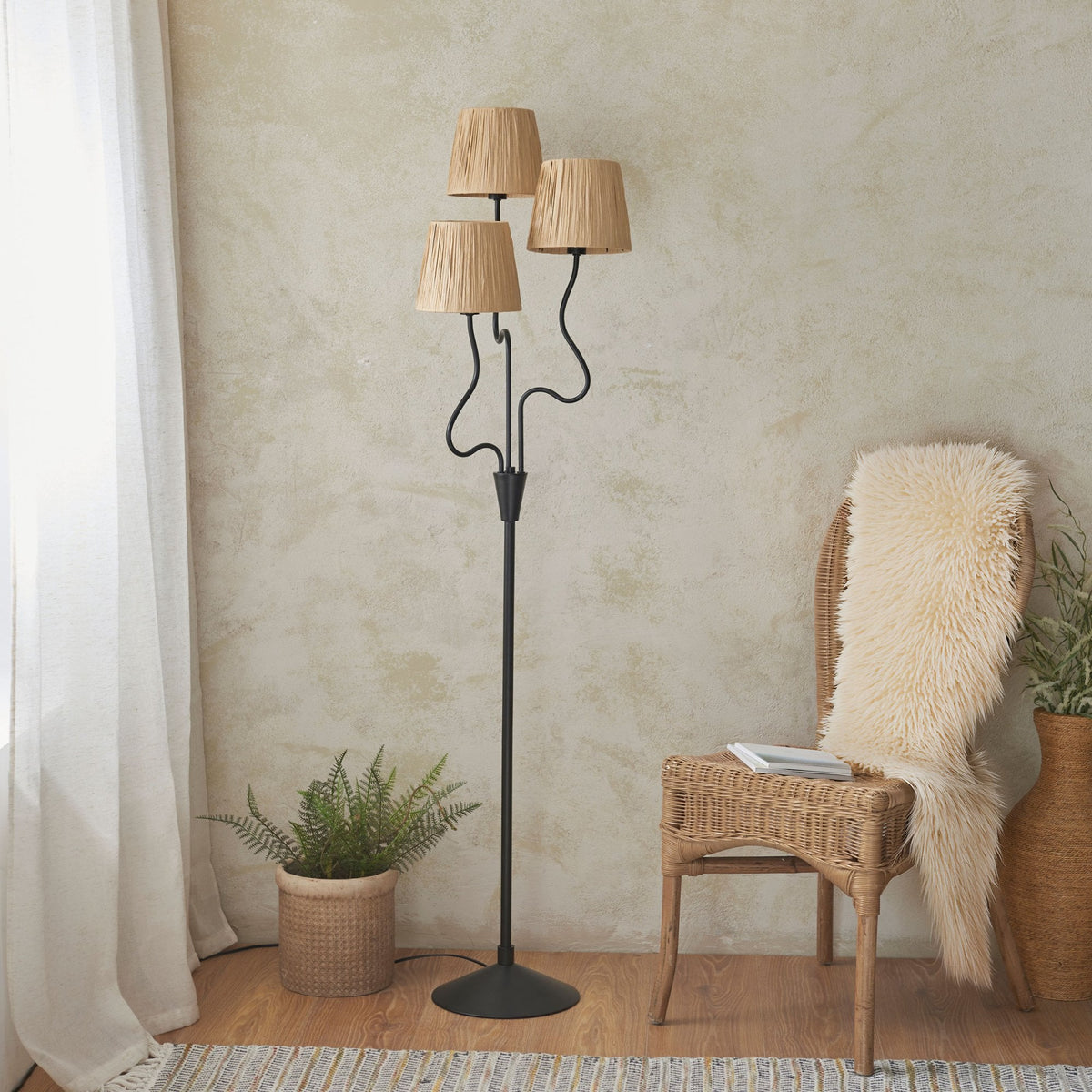 Wriggle Floor Lamp in Matt Black with Wrapped Raffia Shades