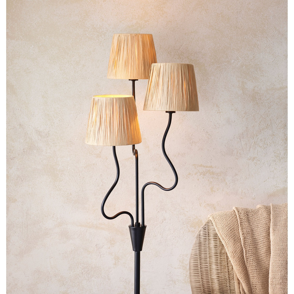 Wriggle Floor Lamp in Matt Black with Wrapped Raffia Shades