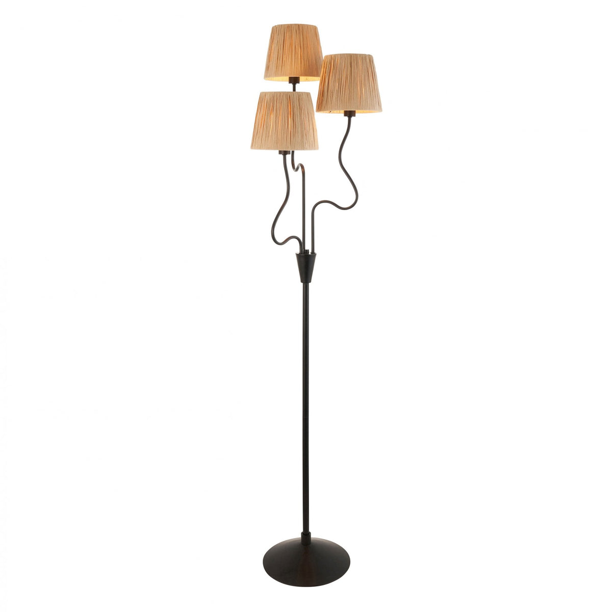 Wriggle Floor Lamp in Matt Black with Wrapped Raffia Shades