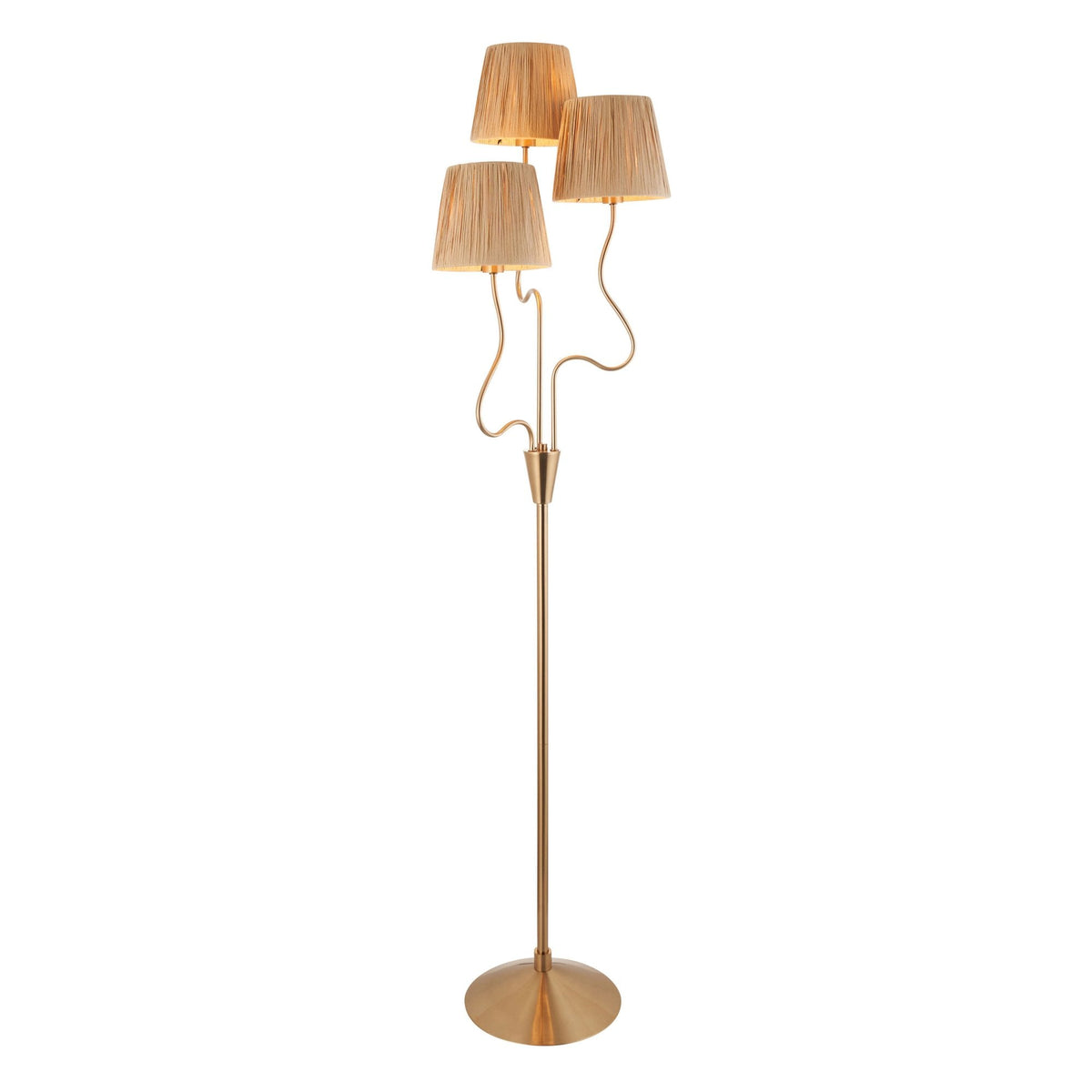 Full view of a brass floor lamp with three pleated raffia shades on a white background.