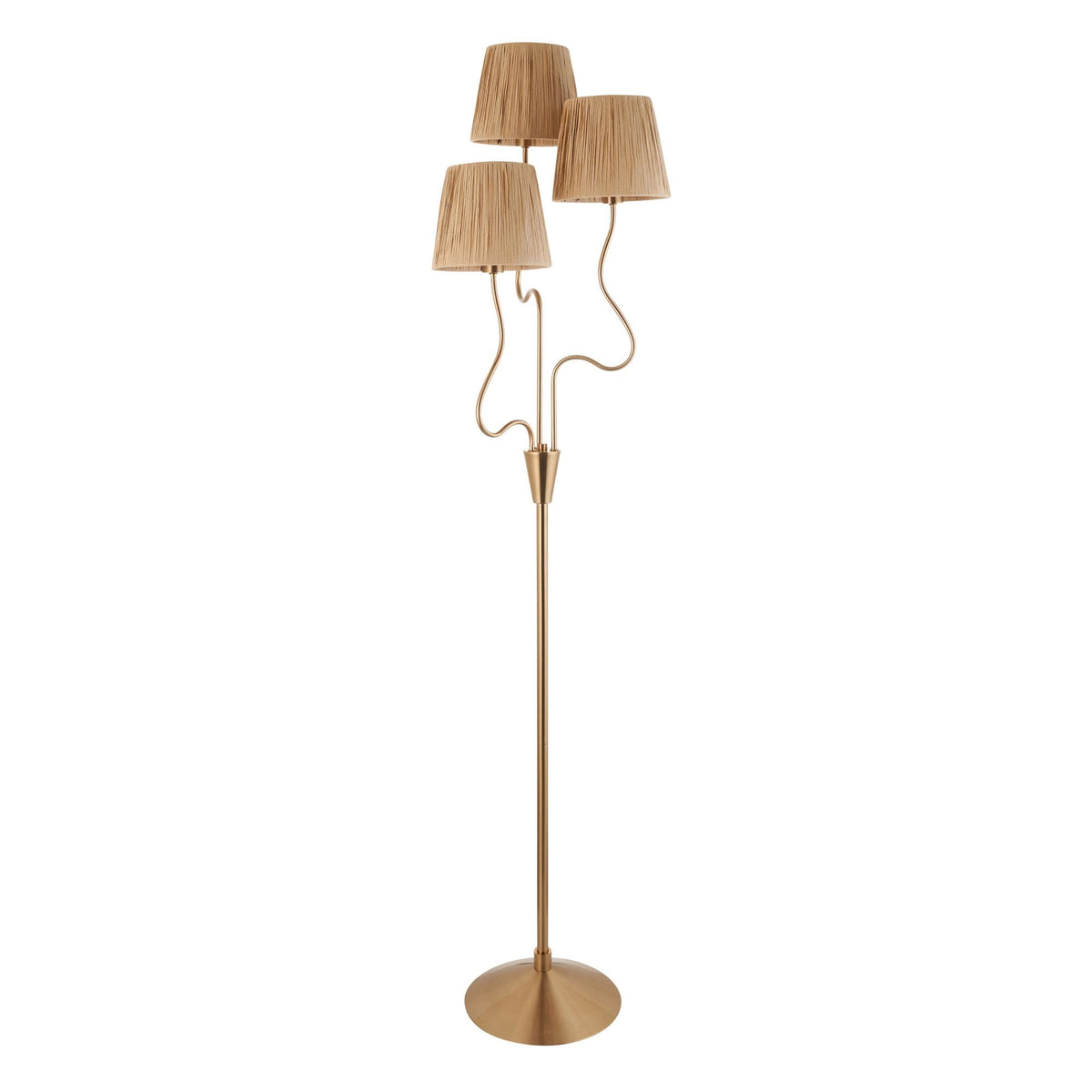 Full view of a brass floor lamp with three pleated raffia shades on a white background.