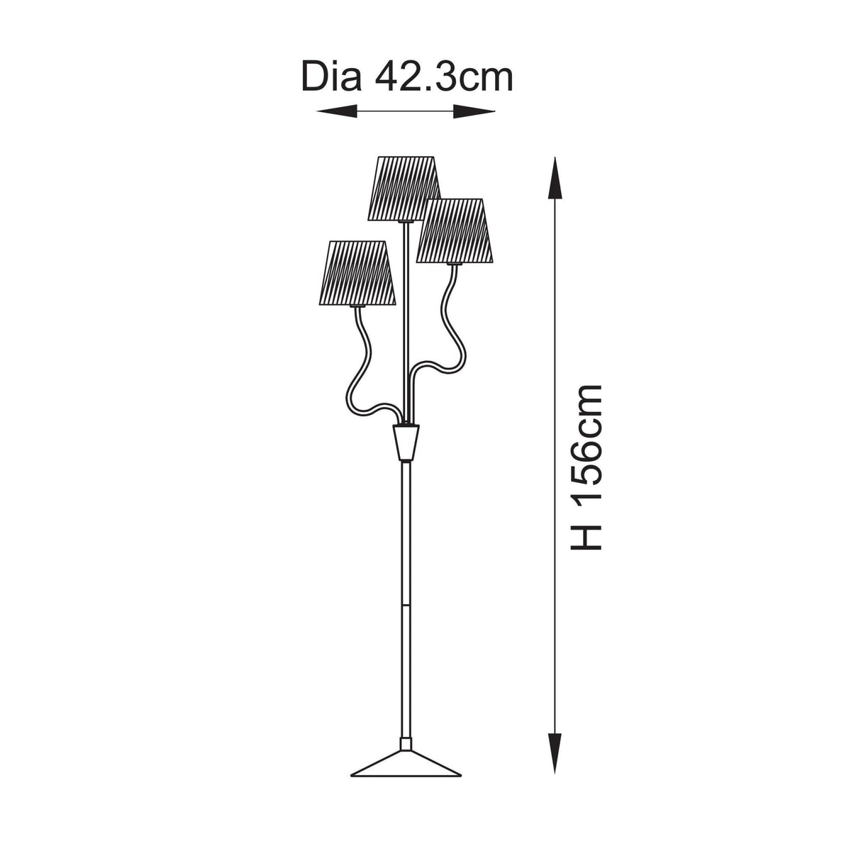 Line drawing of the floor lamp with dimensions: 156cm height and 42.3cm diameter.