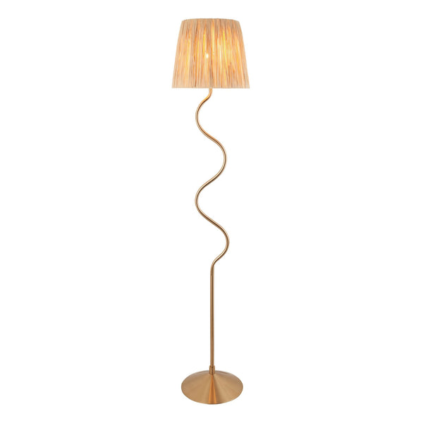 Wriggle Floor Lamp in Brushed Aged Brass with a Wrapped Raffia Shade