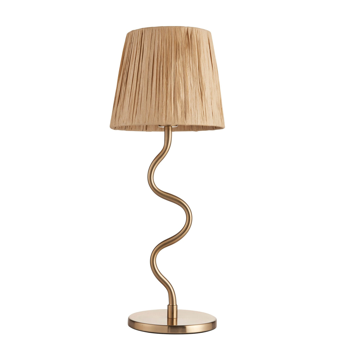 A gold table lamp with a wavy stem and a pleated beige shade against a white background.