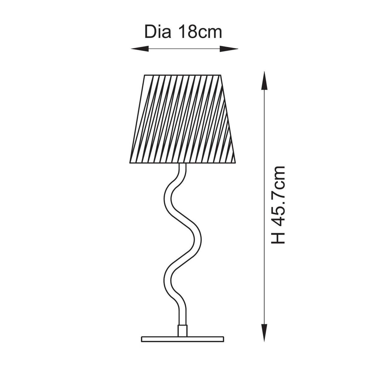 Line drawing of a table lamp with a wavy stem and pleated shade, showing dimensions: 18cm diameter, 45.7cm height.