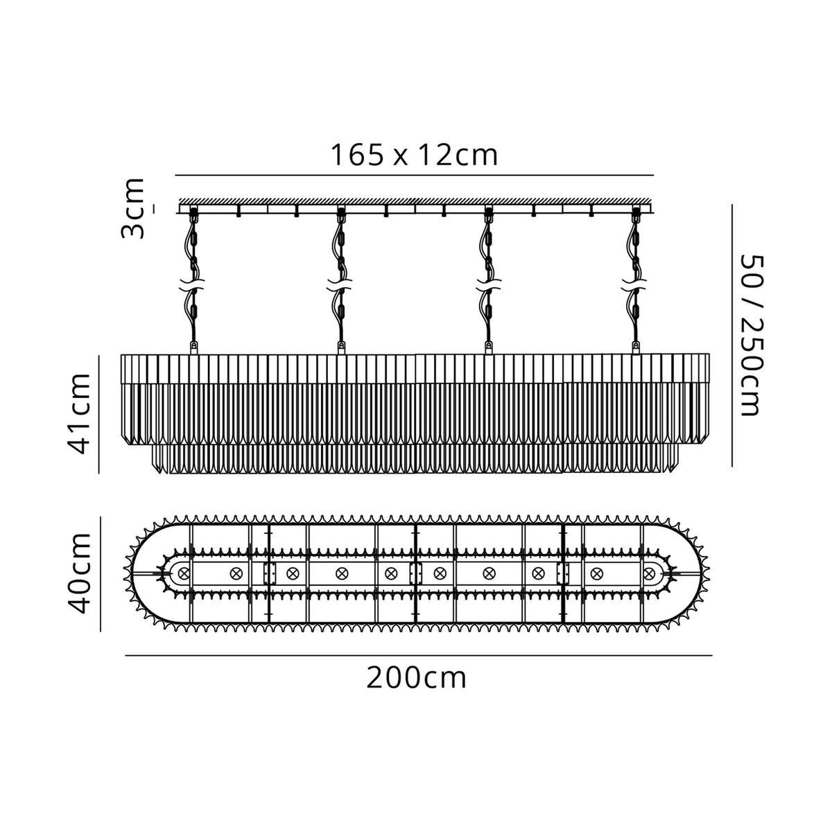 Kentisbeare 2000mm Linear Chandelier in Matt Black & Cognac Glass