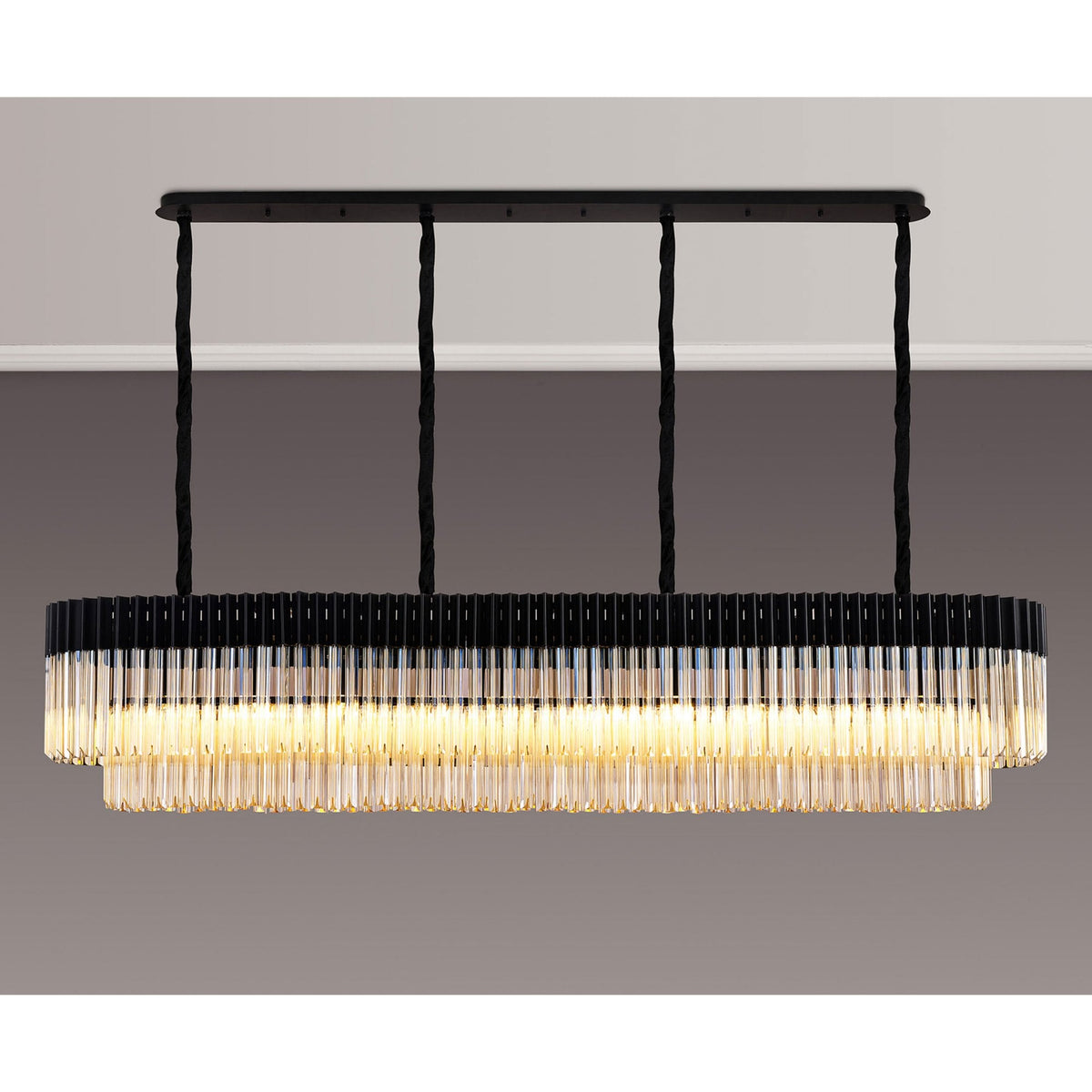 Kentisbeare 2000mm Linear Chandelier in Matt Black & Cognac Glass