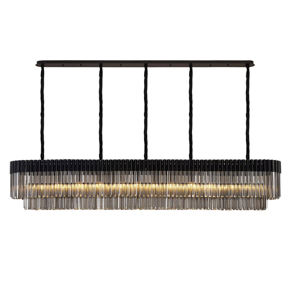 Linear crystal chandelier with illuminated bulbs, perfect for dining rooms or kitchens.
