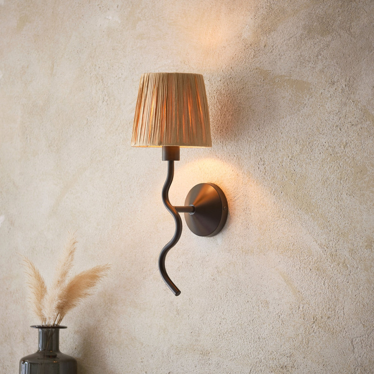 Wriggle Wall Light in Matt Black with A Wrapped Raffia Shade