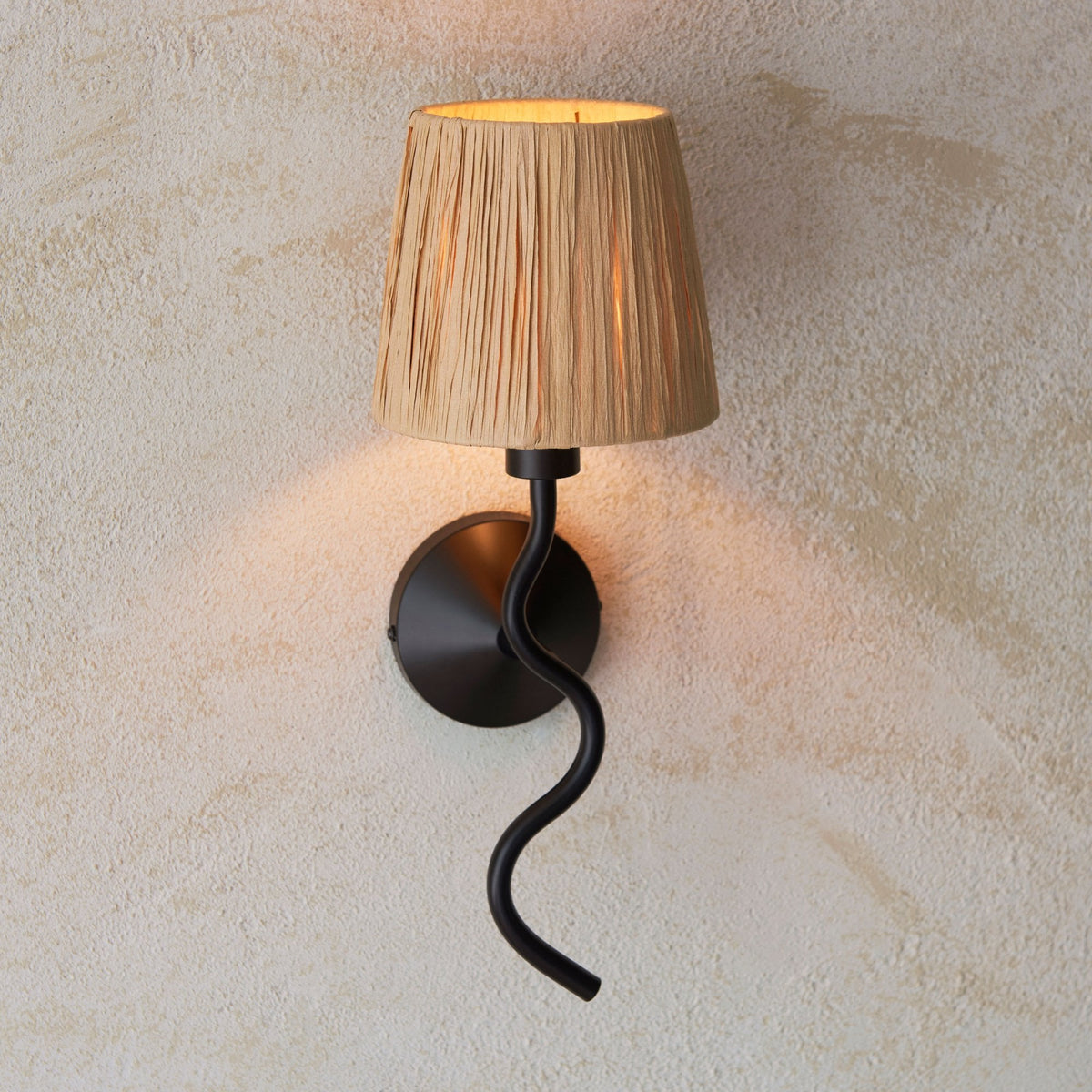 Wriggle Wall Light in Matt Black with A Wrapped Raffia Shade