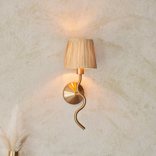 Wriggle Wall Light in Brushed Aged Brass with A Wrapped Raffia Shade