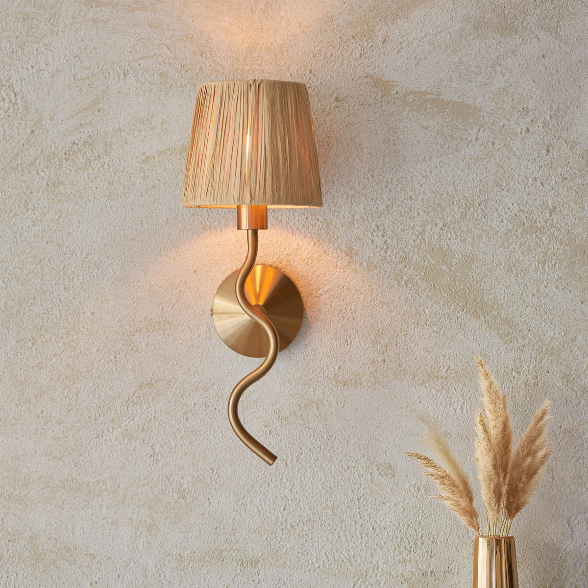 Wriggle Wall Light in Brushed Aged Brass with A Wrapped Raffia Shade