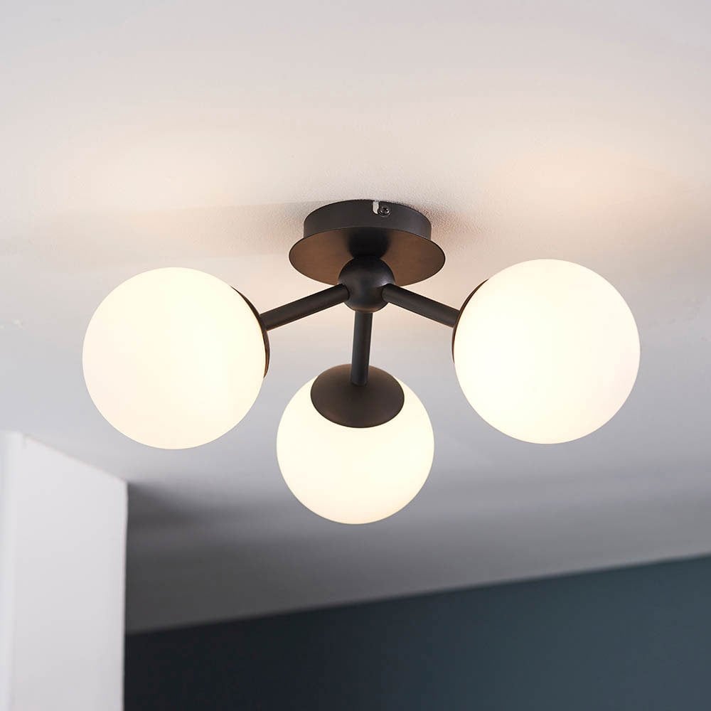 Pulsa IP44 Ceiling Light in Matt Black with Opal Glass Shades