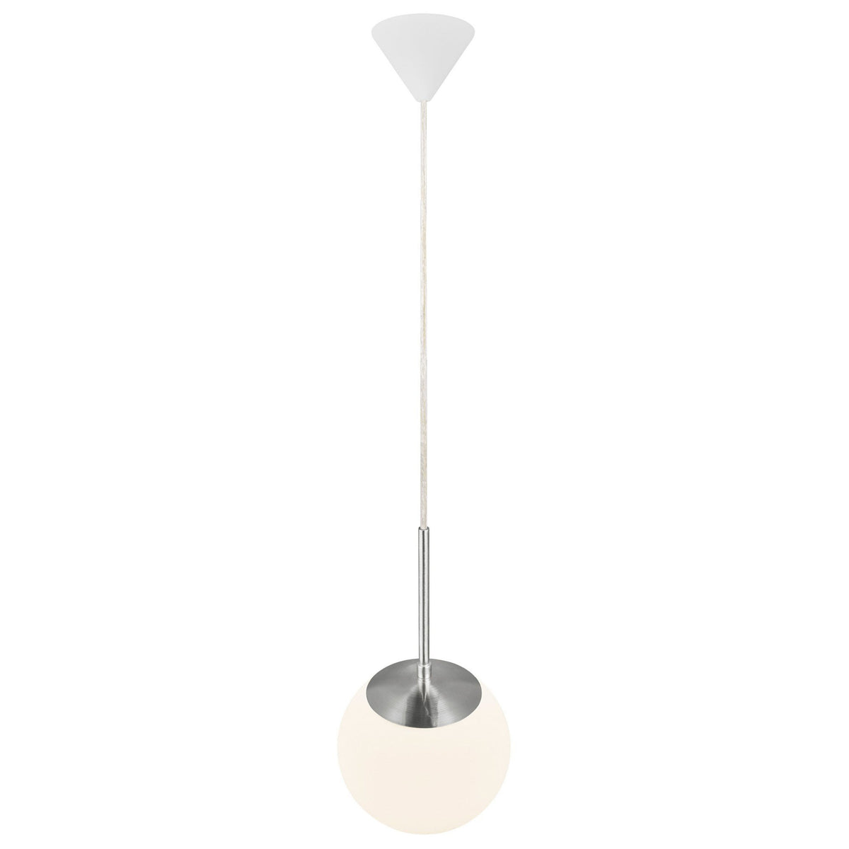 A single pendant light with a white spherical shade and brushed steel fitting against a white background.