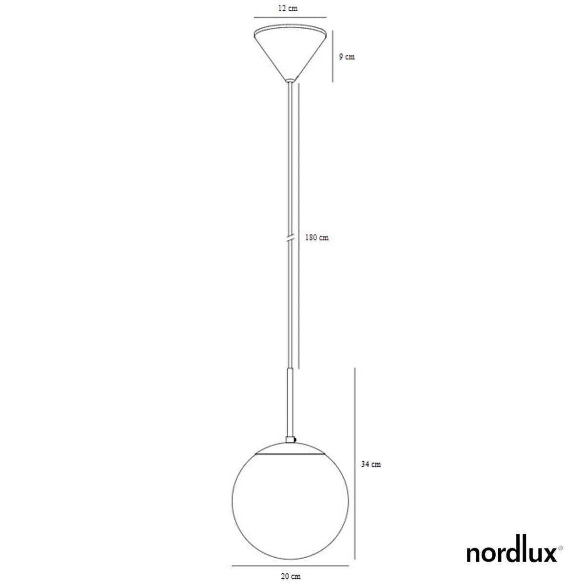 A technical drawing of the pendant light, detailing its dimensions.