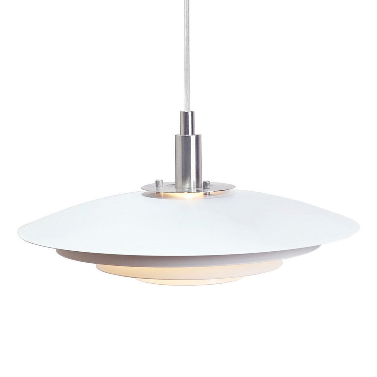 A white tiered pendant light with a brushed steel fitting and a warm, soft glow.