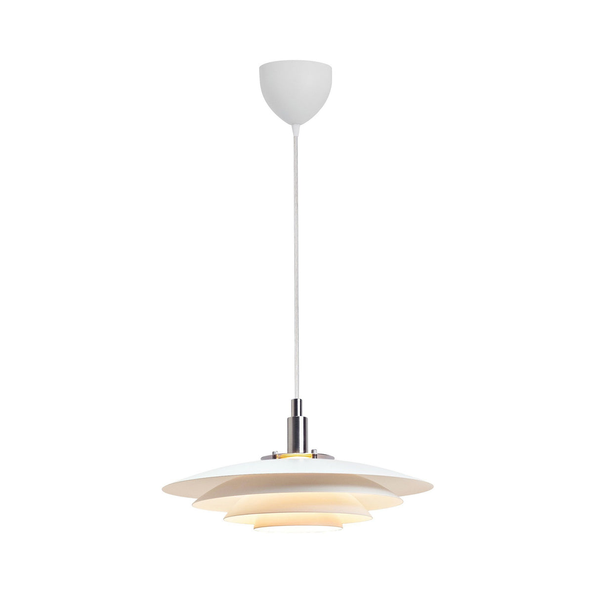 A white tiered pendant light with a subtle glow, hanging against a plain white background.