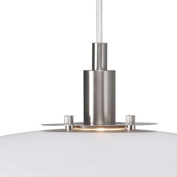 A close-up of the brushed steel suspension and fitting of a white tiered pendant light.
