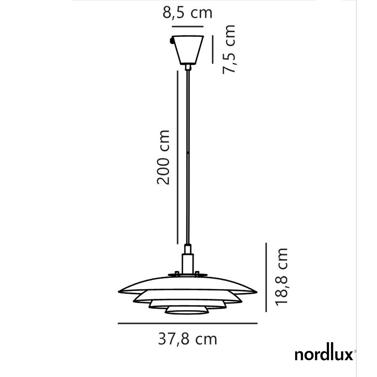 A line drawing with dimensions for the Nordlux white tiered pendant light.