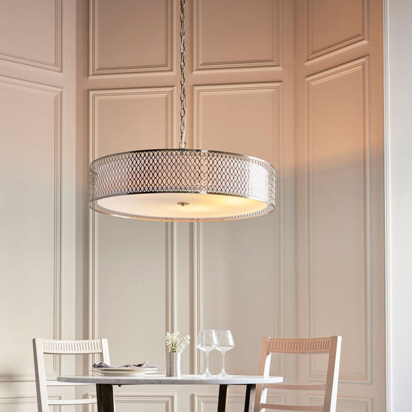 Cordero 5lt Grand Pendant in Satin Nickel with White Inner Shade