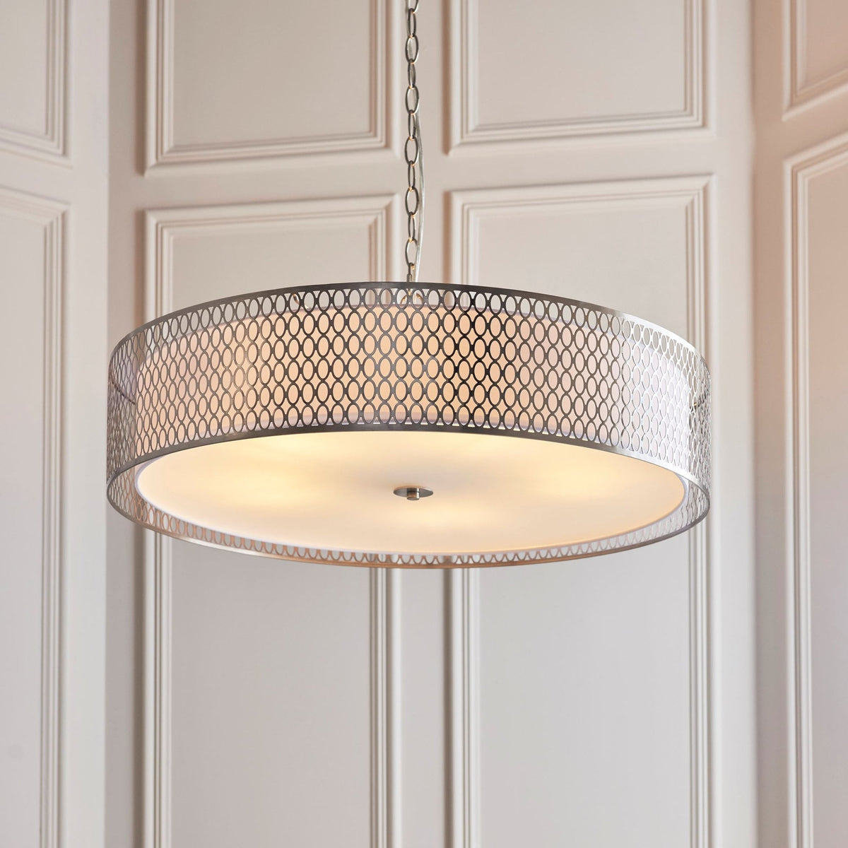 Cordero 5lt Grand Pendant in Satin Nickel with White Inner Shade