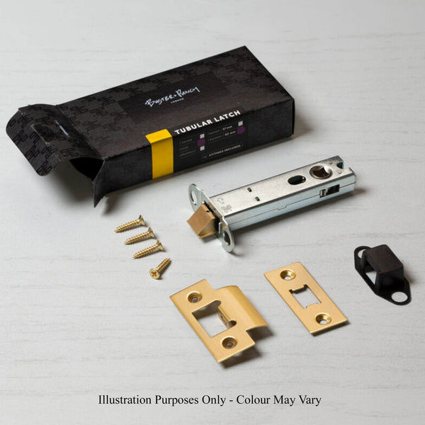 A black box of a tubular latch, with all components, including screws, laid out.