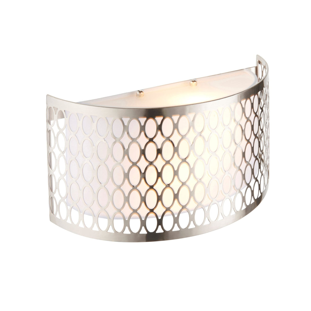 A brushed chrome wall light with an intricate oval pattern, viewed from a slight angle.