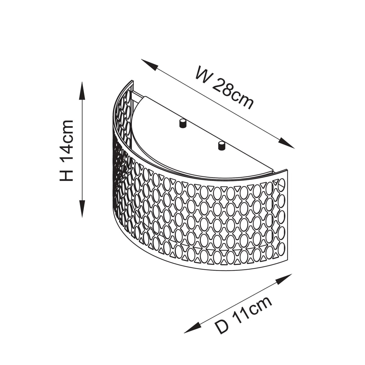 A diagram showing the dimensions of the wall light: 28cm width, 14cm height, and 11cm depth.