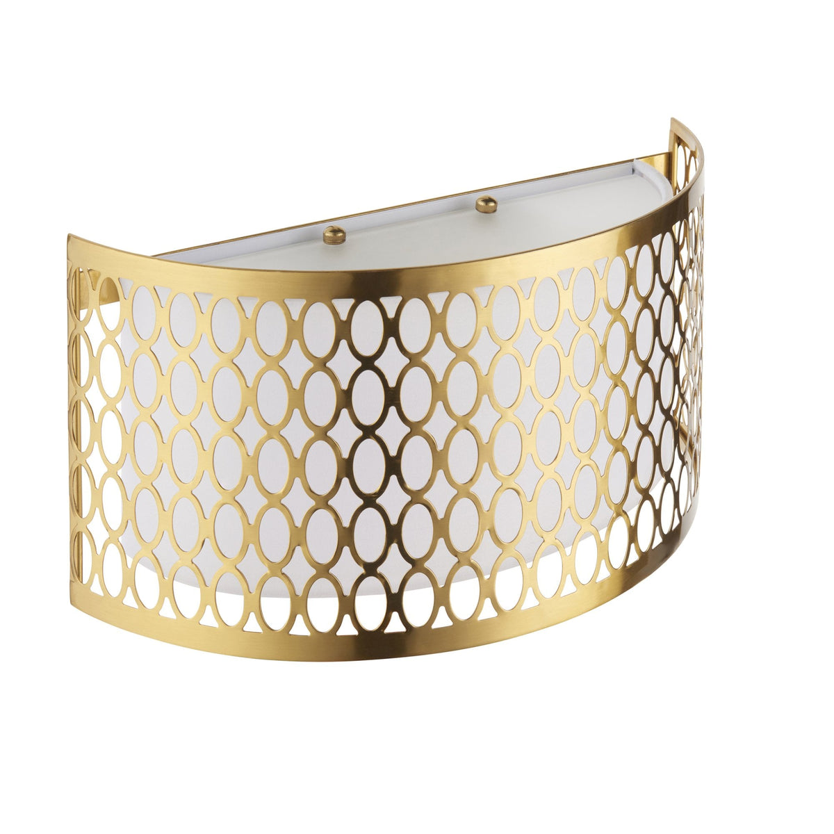 Gold semi-circular wall light with a decorative oval pattern and a white diffuser, on a white background.