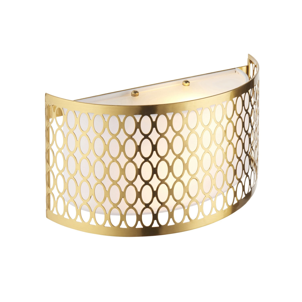 Gold semi-circular wall light with a decorative oval pattern and a white diffuser, illuminated on a white background.