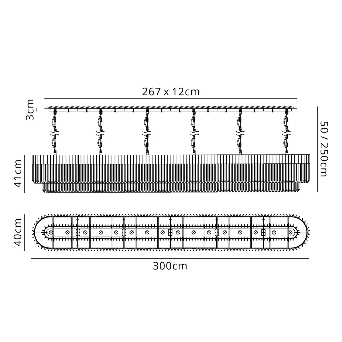 Technical drawing of the chandelier showing its dimensions in centimetres.