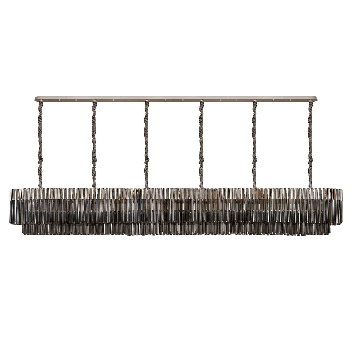 A long, rectangular chandelier with multiple tiers of vertical glass rods, unlit.