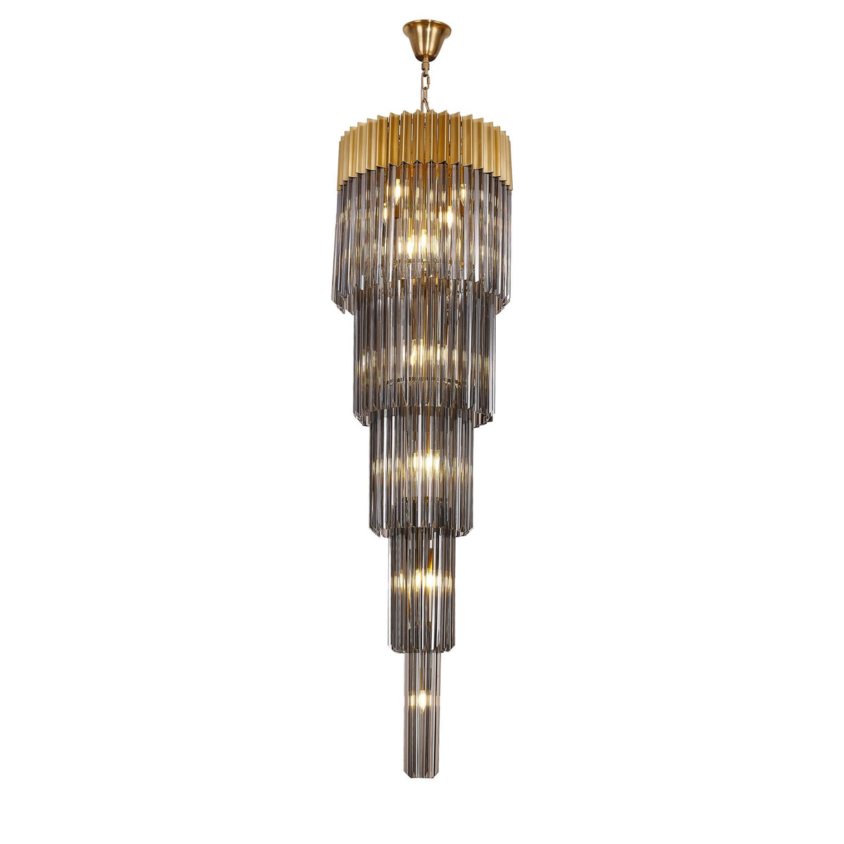 Kentisbeare 500mm 5 Tier 18 Lamp Chandelier in Brass & Smoked Glass
