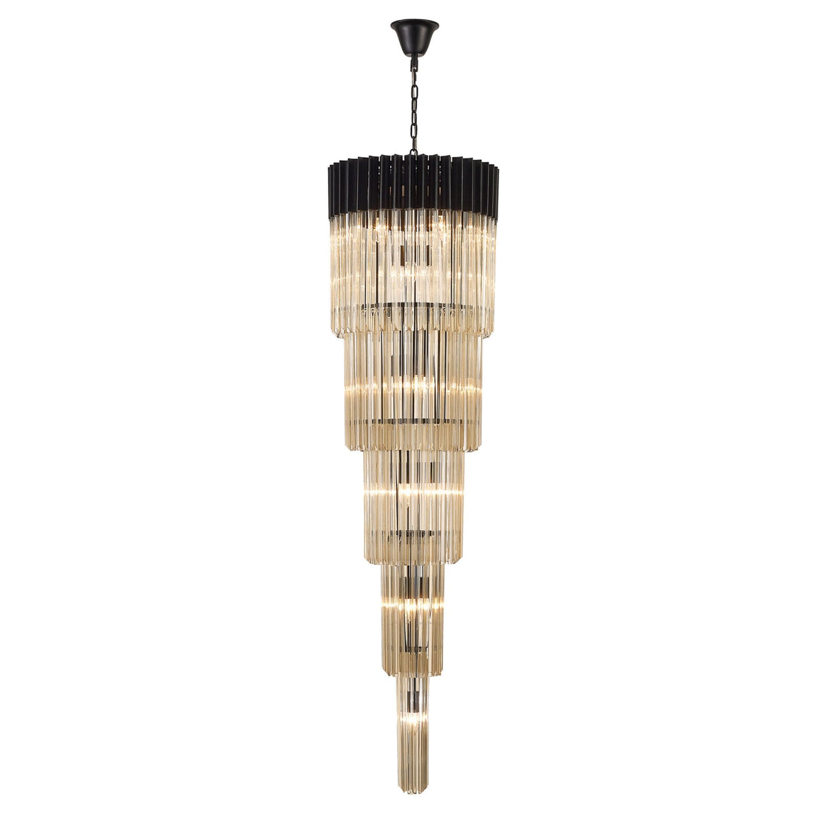 Kentisbeare 500mm 5 Tier 18 Lamp Chandelier in Matt Black & Cognac Glass