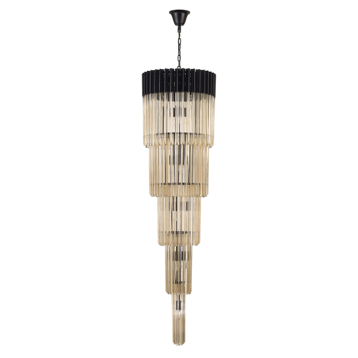 Kentisbeare 500mm 5 Tier 18 Lamp Chandelier in Matt Black & Cognac Glass