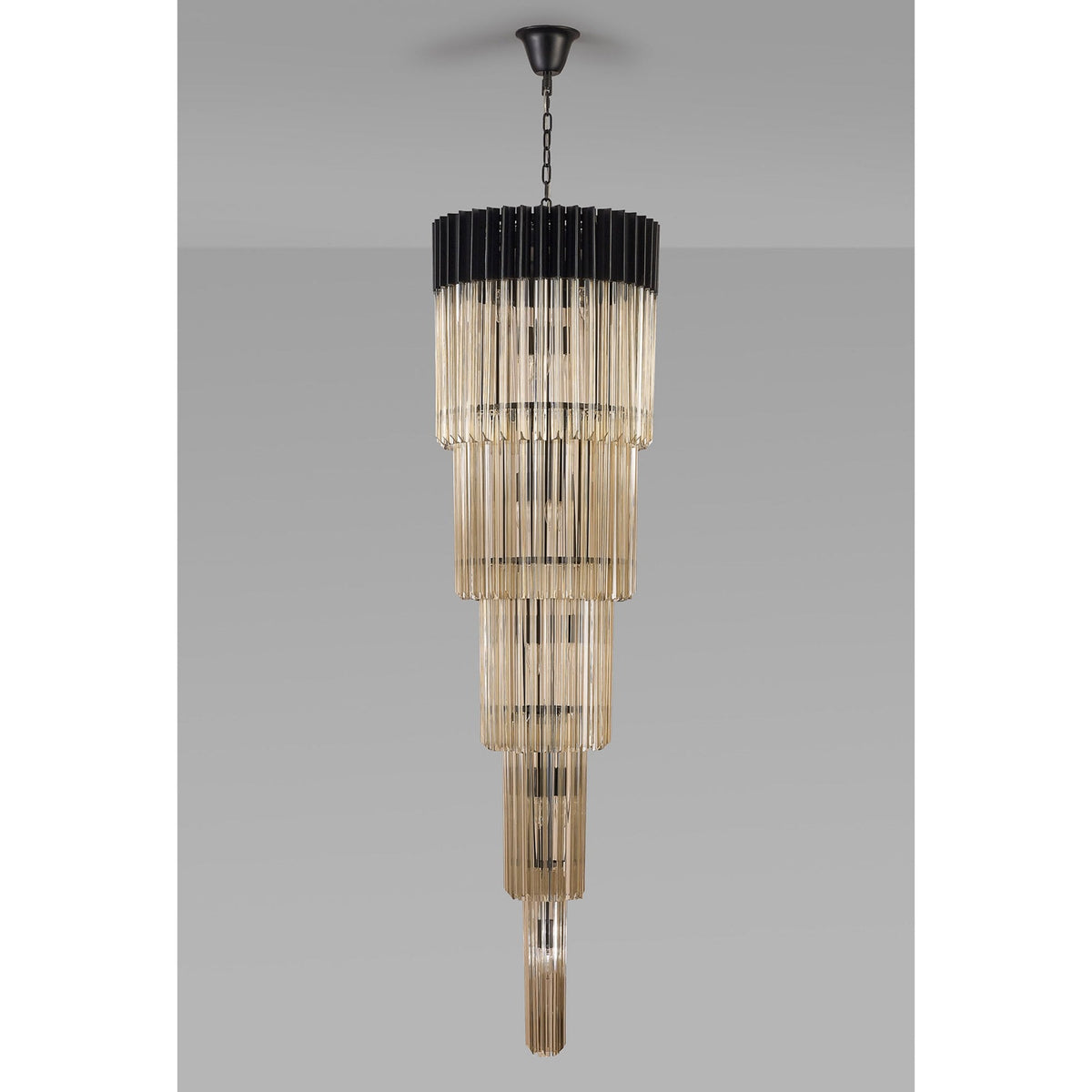 Kentisbeare 500mm 5 Tier 18 Lamp Chandelier in Matt Black & Cognac Glass