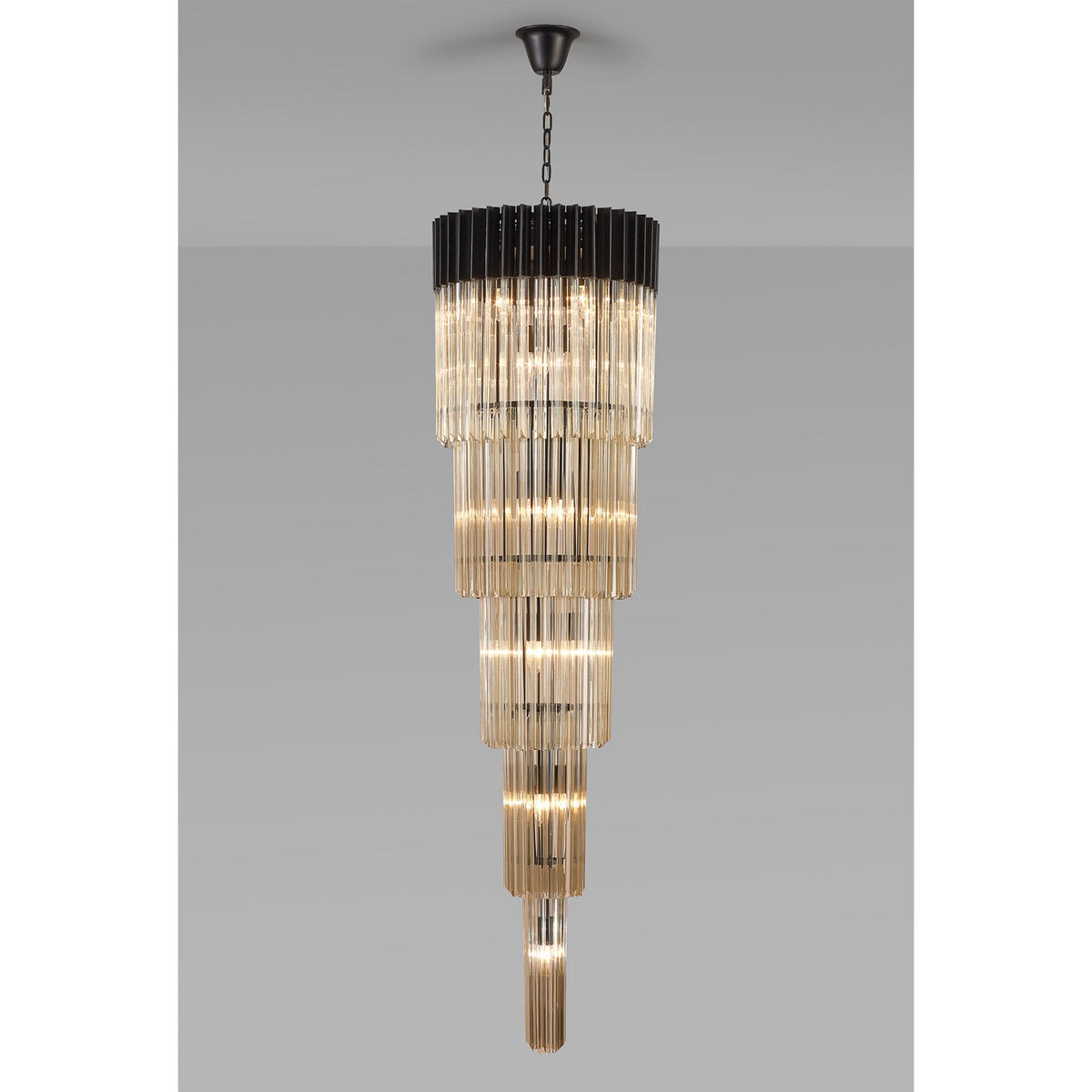 Kentisbeare 500mm 5 Tier 18 Lamp Chandelier in Matt Black & Cognac Glass