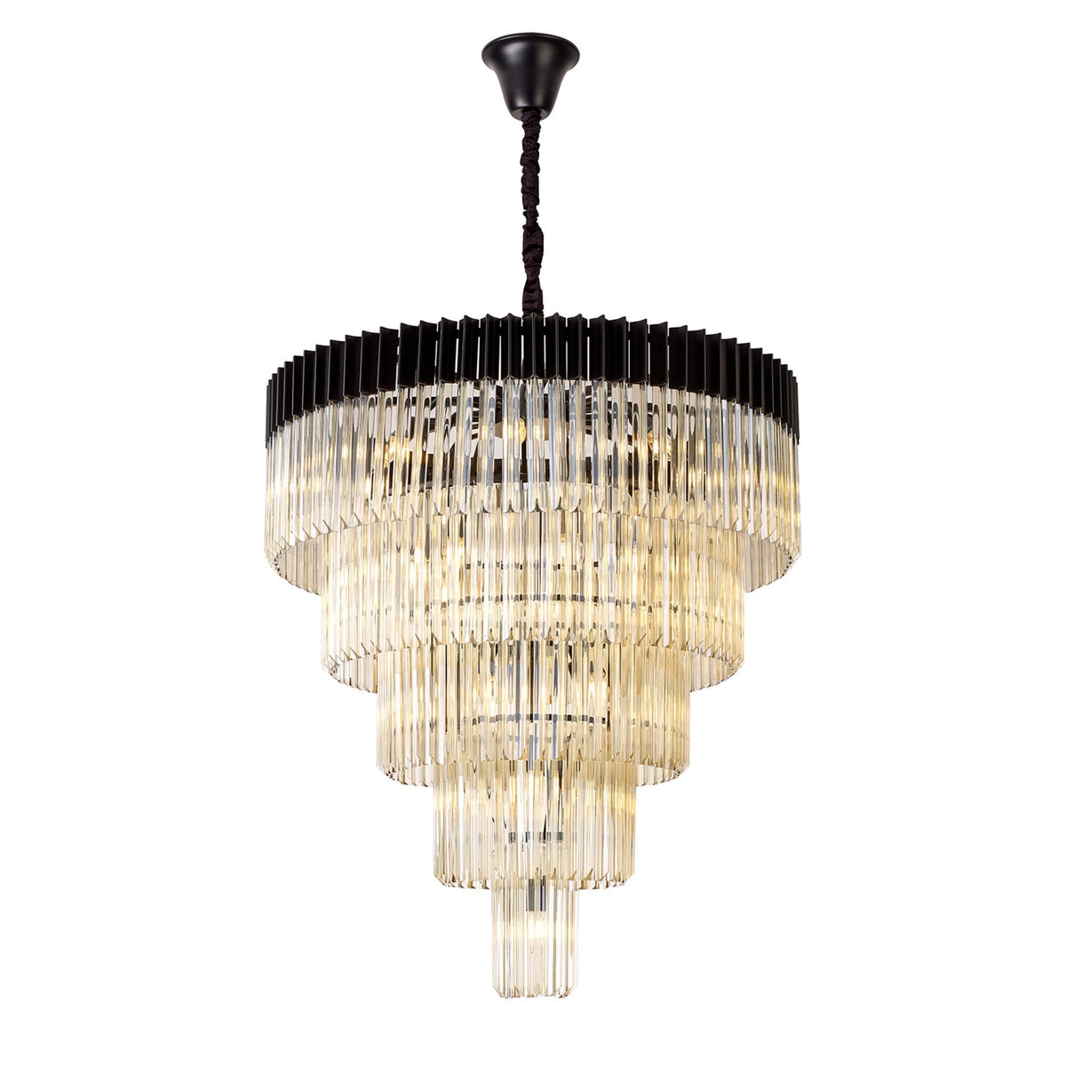 Kentisbeare 960mm 5 Tier 23 Lamp Chandelier in Matt Black & Cognac Glass