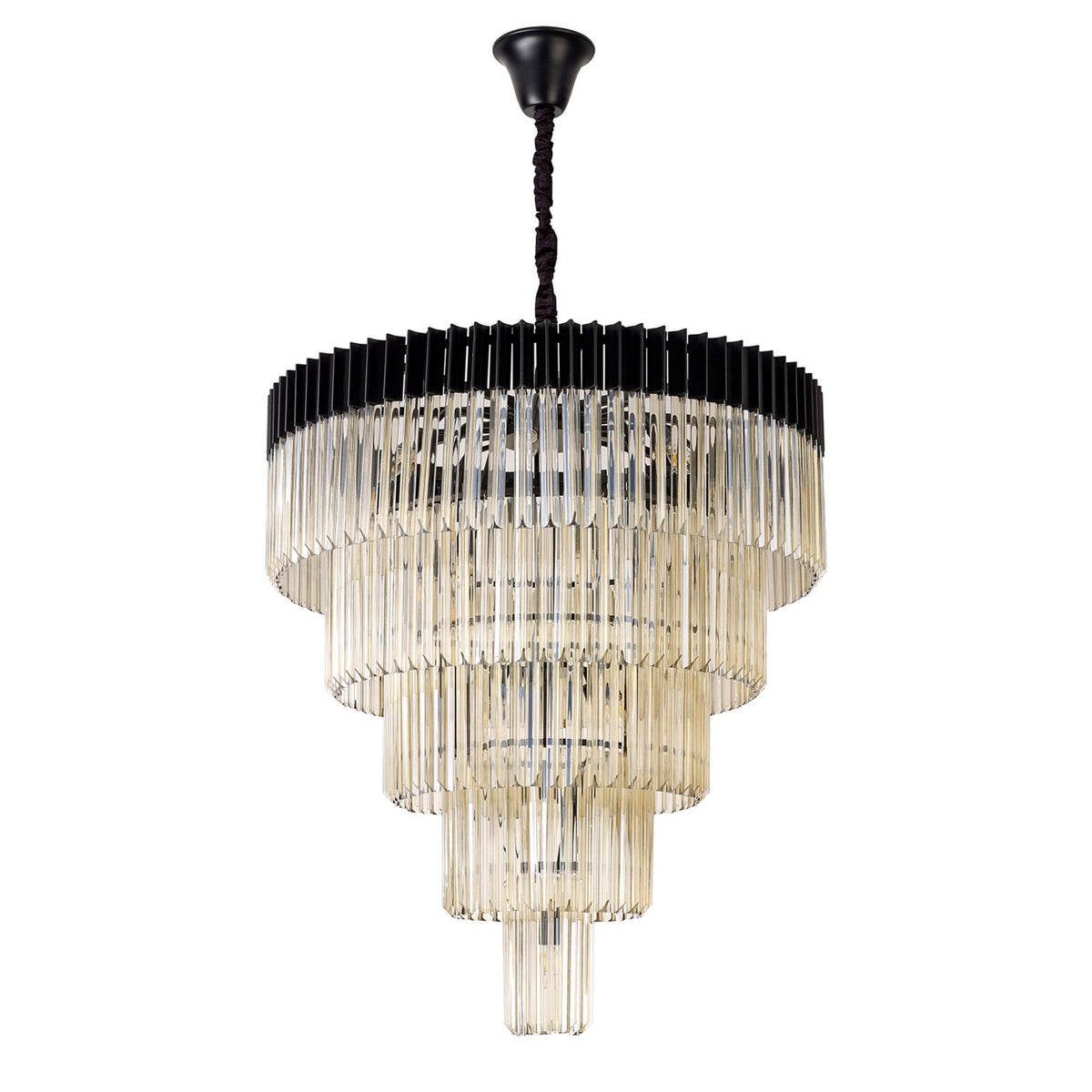 Kentisbeare 960mm 5 Tier 23 Lamp Chandelier in Matt Black & Cognac Glass