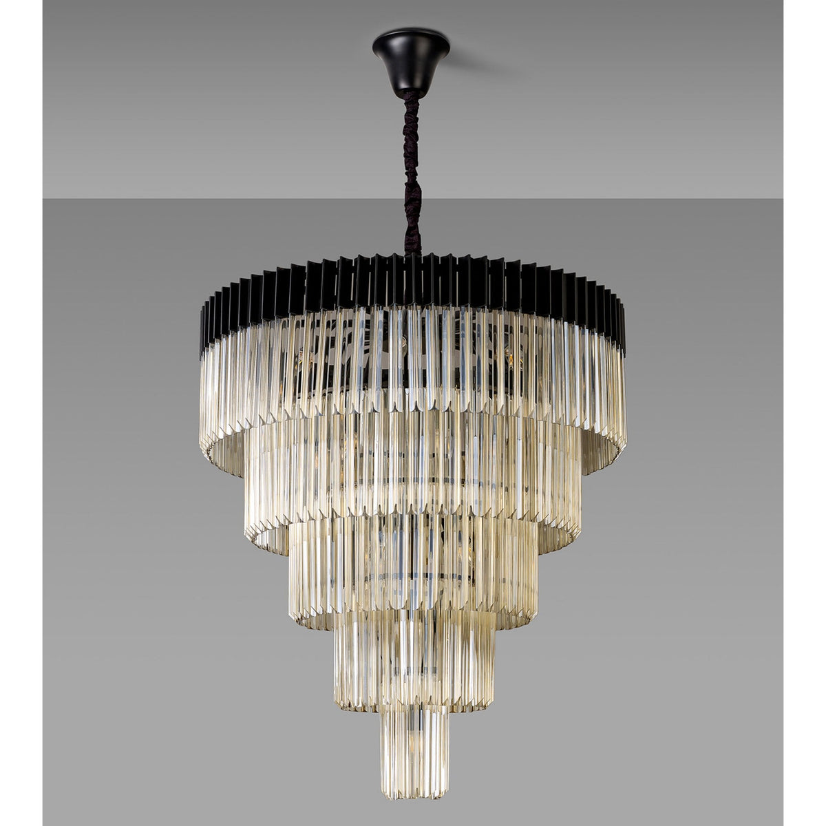 Kentisbeare 960mm 5 Tier 23 Lamp Chandelier in Matt Black & Cognac Glass