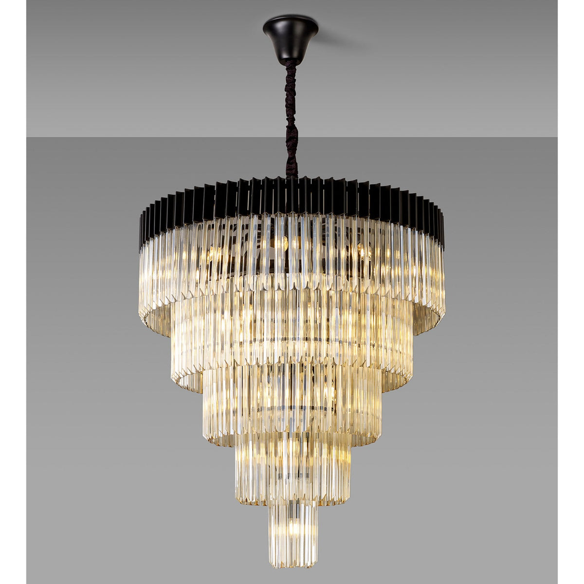Kentisbeare 960mm 5 Tier 23 Lamp Chandelier in Matt Black & Cognac Glass