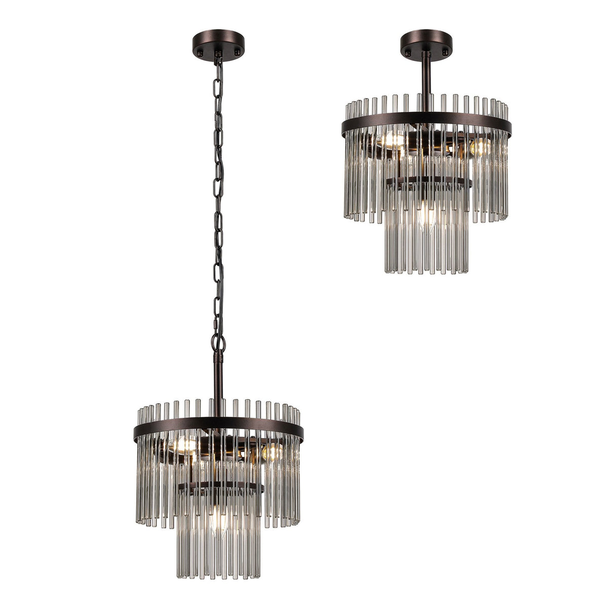 Charleton 300mm Pendant or Semi Flush Ceiling Light in Brown Oxide with Smoked Glass Rods