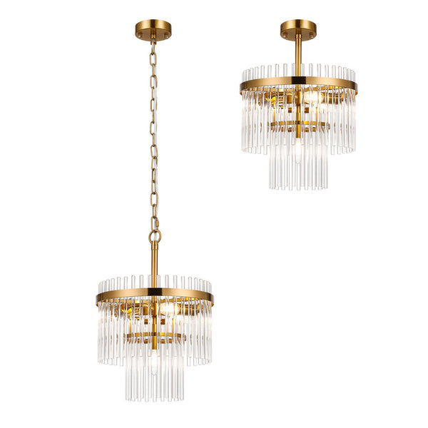 Charleton 300mm Pendant or Semi Flush Ceiling Light in Brass with Clear Glass Rods