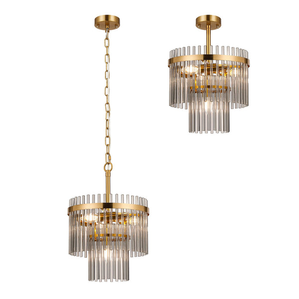 Charleton 300mm Pendant or Semi Flush Ceiling Light in Brass with Smoked Glass Rods