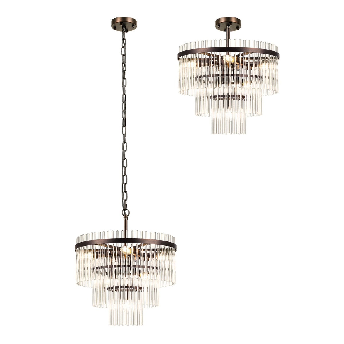 Charleton 450mm Pendant or Semi Flush Ceiling Light in Brown Oxide with Clear Glass Rods