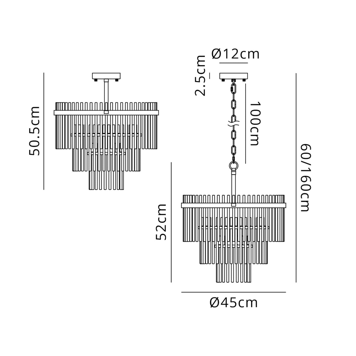 Charleton 450mm Pendant or Semi Flush Ceiling Light in Brass with Smoked Glass Rods