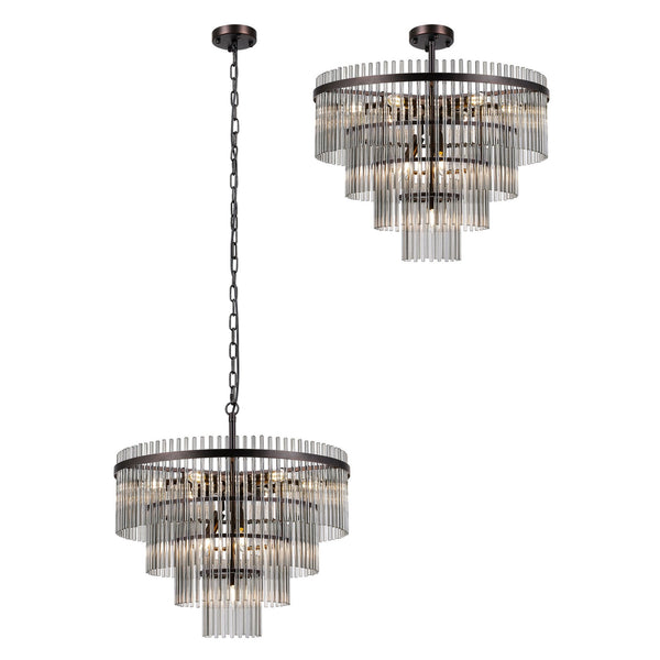 Charleton 600mm Pendant or Semi Flush Ceiling Light in Brown Oxide with Smoked Glass Rods